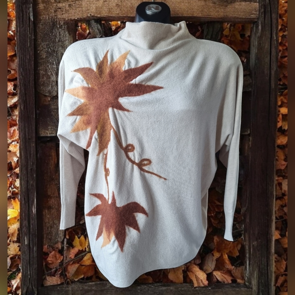 Aaeda Textured Leaves Dolman Sleeves Mock Neck Sweater